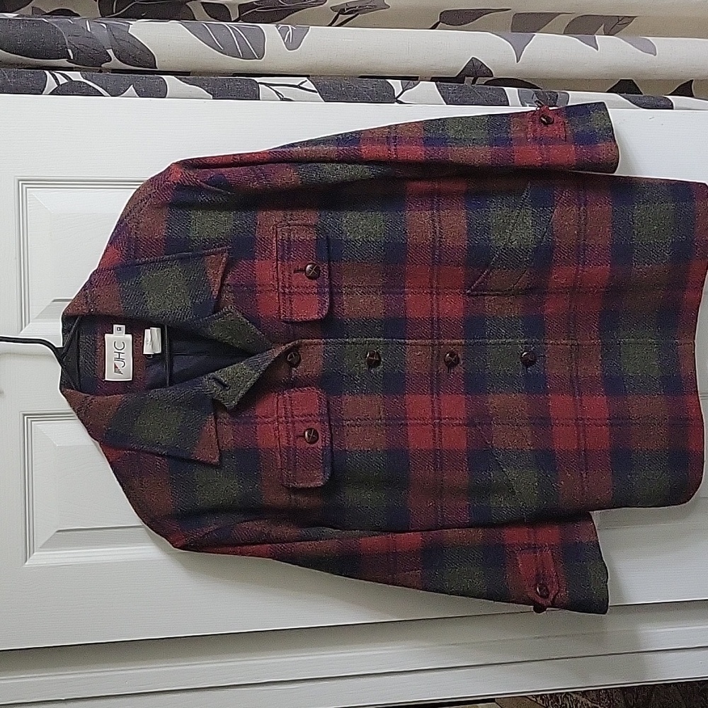 JHC 100% Wool Leather Button Heritage Print Green Blue Red Plaid Chore Barn Coat